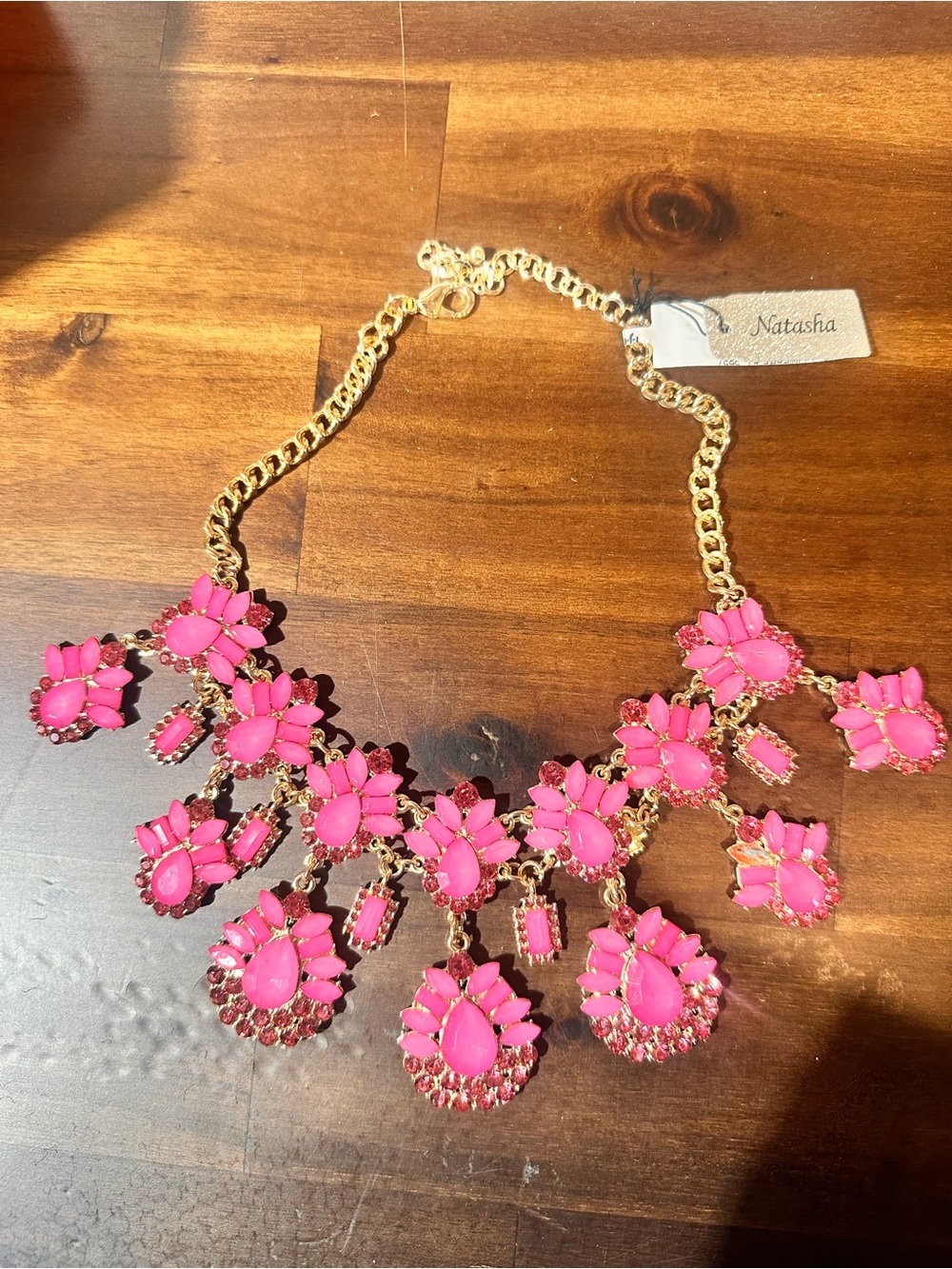 Natasha Couture Hot Pink Floral Bib Necklace with Gold Chain